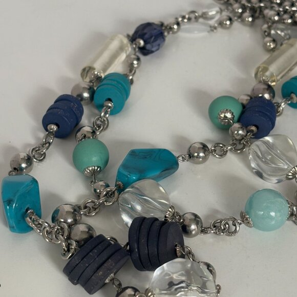 Chicos Long Necklace Multi-Bead Faux Gemstone Silver Chain Contemporary 40" Blue - Picture 2 of 8